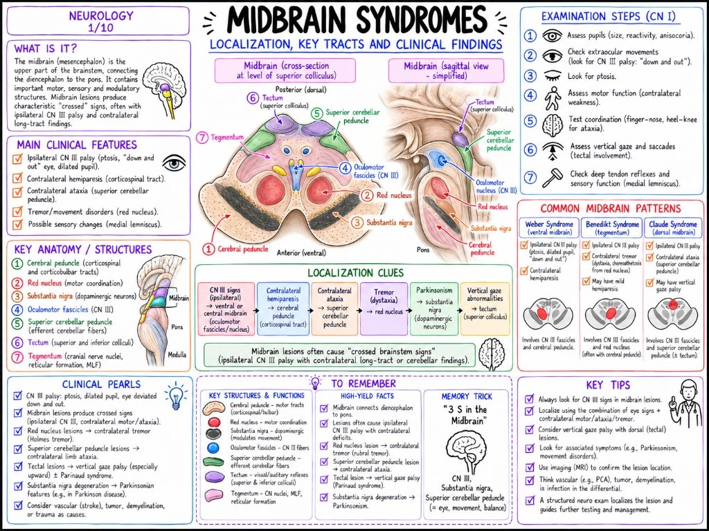 Syndromes mésencéphaliques : Localisation, voies principales et sémiologie