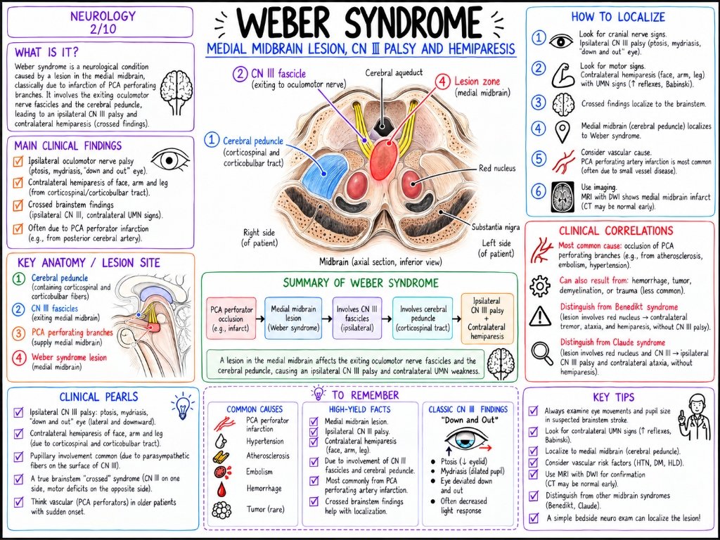Syndrome de Weber : Atteinte pédonculaire, paralysie du III et hémiplégie
