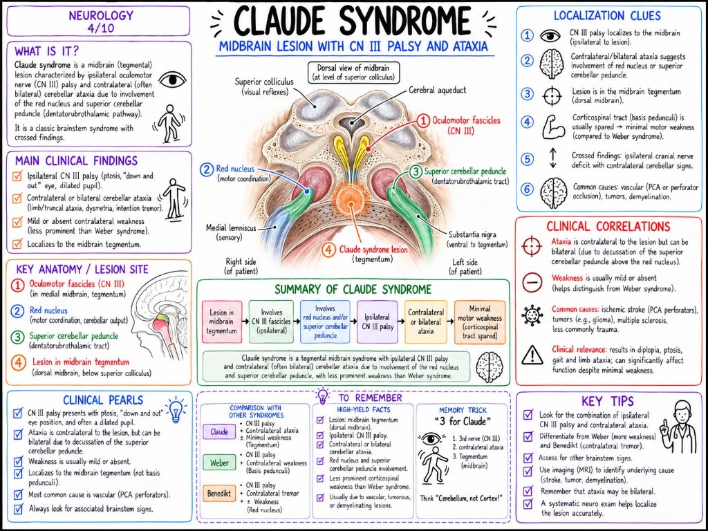 Syndrome de Claude : Lésion mésencéphalique, nerf III et ataxie